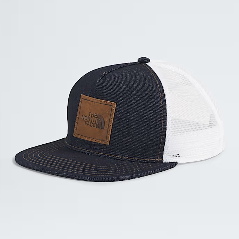 New The North Face Denim Leather Half Dome SnapBack Trucker Hat